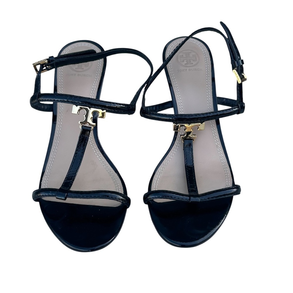 Tory Burch Black Leather T-Strap Sandals with Gold Logo